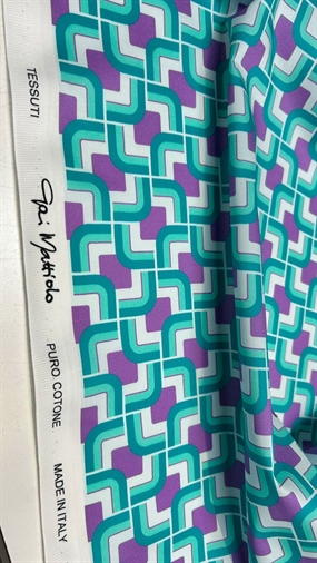 Deadstock bomuld med lilla/turkis retro print