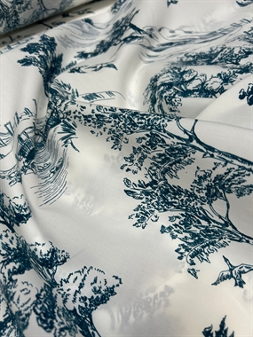 Bomuldsstof med blåt toile print