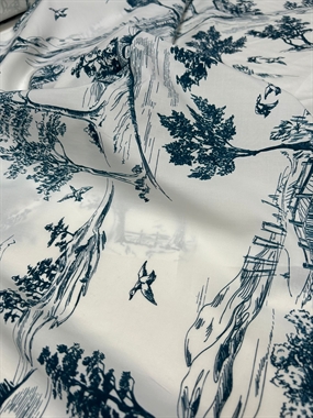 Bomuldsstof med blåt toile print