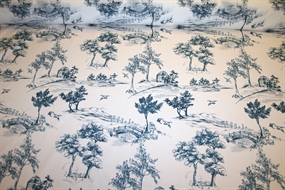 Bomuldsstof med blåt toile print