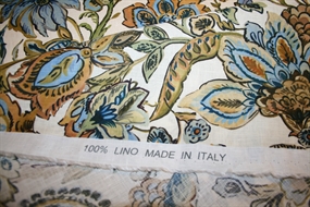 100% hør stof med orientalsk print i grønne og blå nuancer