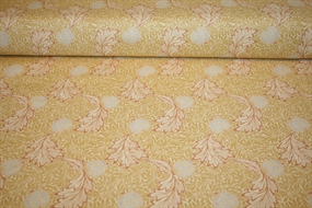 William Morris stof "Apple Gold" – snoede akantusblade og stiliserede frugter i gyldne nuancer på bomuld.