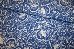 Vævet viskose stof med middelhavsinspireret blåt print