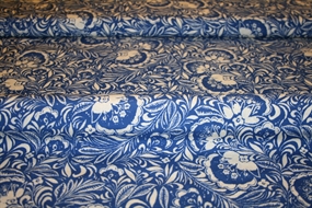 Vævet viskose stof med middelhavsinspireret blåt print