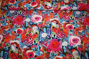 Vævet viskose med farvestrålende blomster