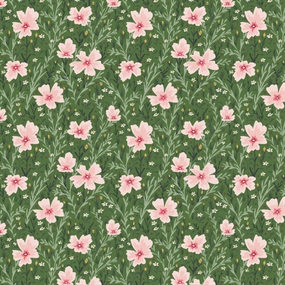 Bomulds stof med lyserøde blomster på en grøn mark